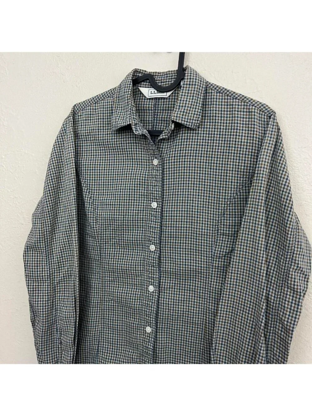vintage ll bean blue brown cotton plaid essential basic button up shirt - Picture 3 of 8